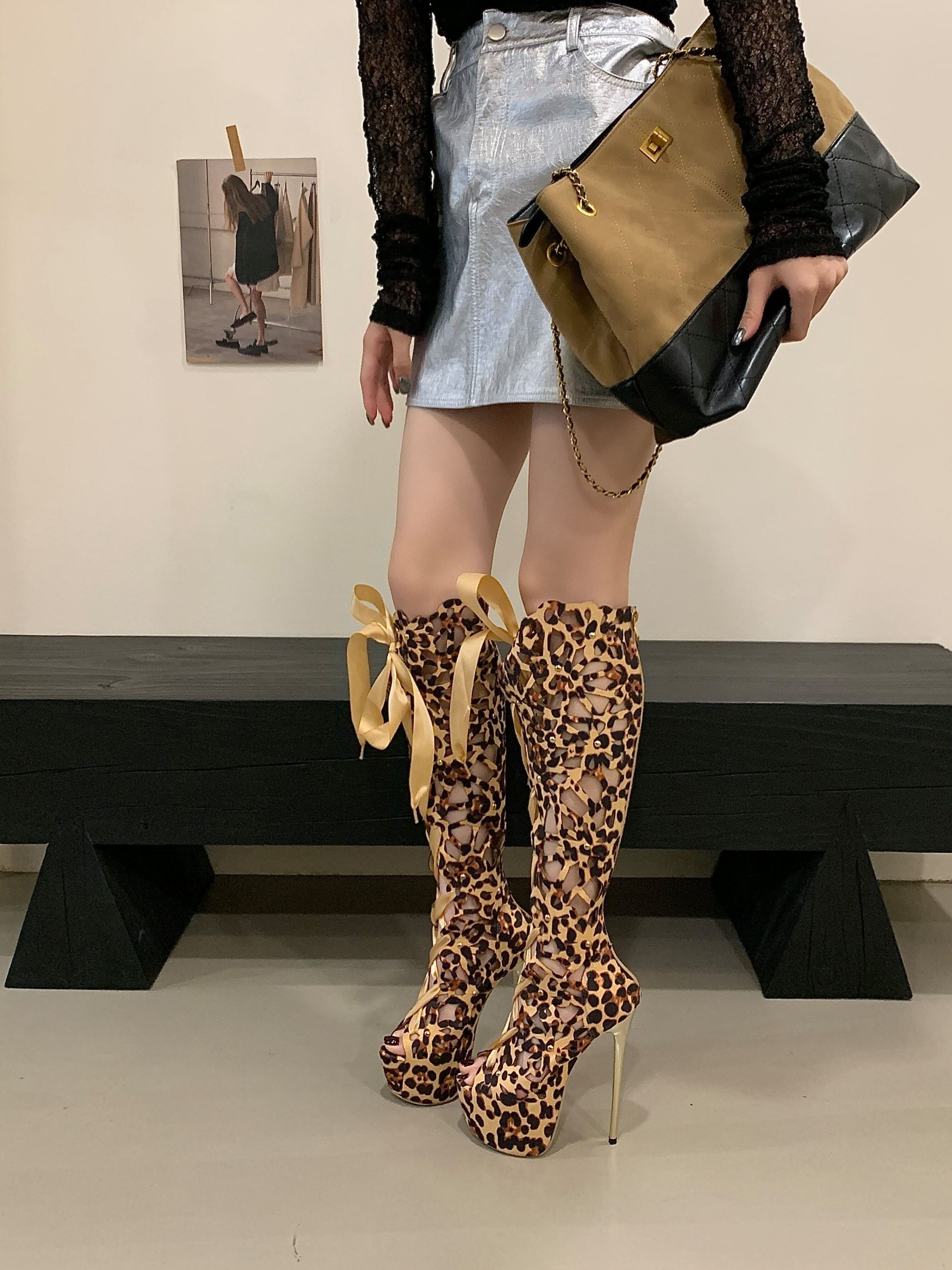 2025 New European American Sexy Catwalk Leopard Lace-up 17cm High Heel Boots - Image 3