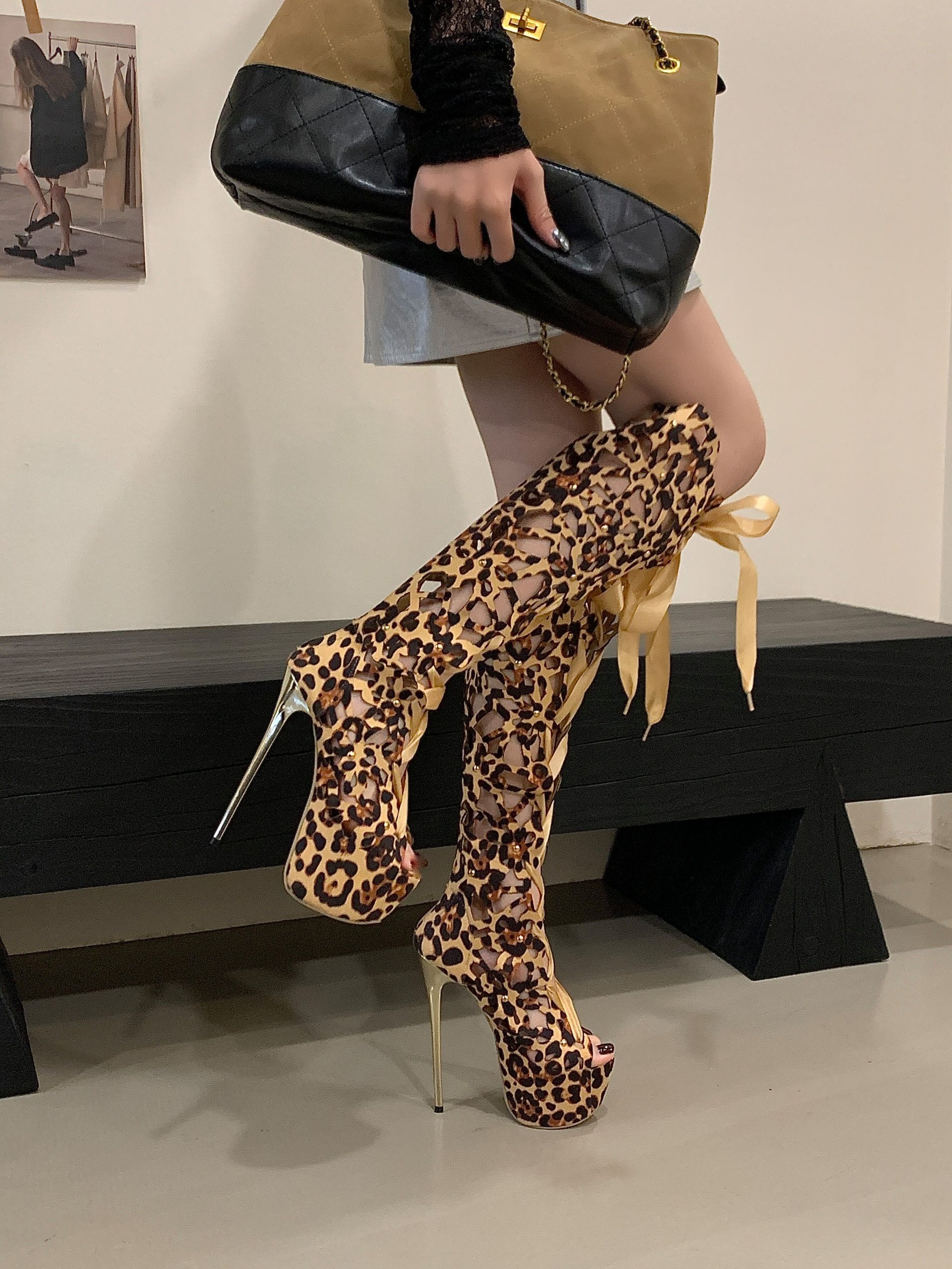 2025 New European American Sexy Catwalk Leopard Lace-up 17cm High Heel Boots - Image 4