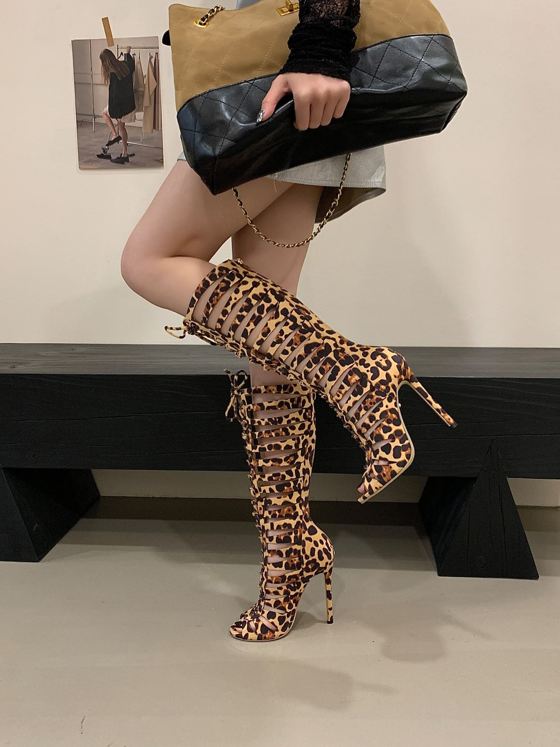 2025 New Style Fashion Street Style Leopard Laser Lace-up High Heel Over-knee Boots