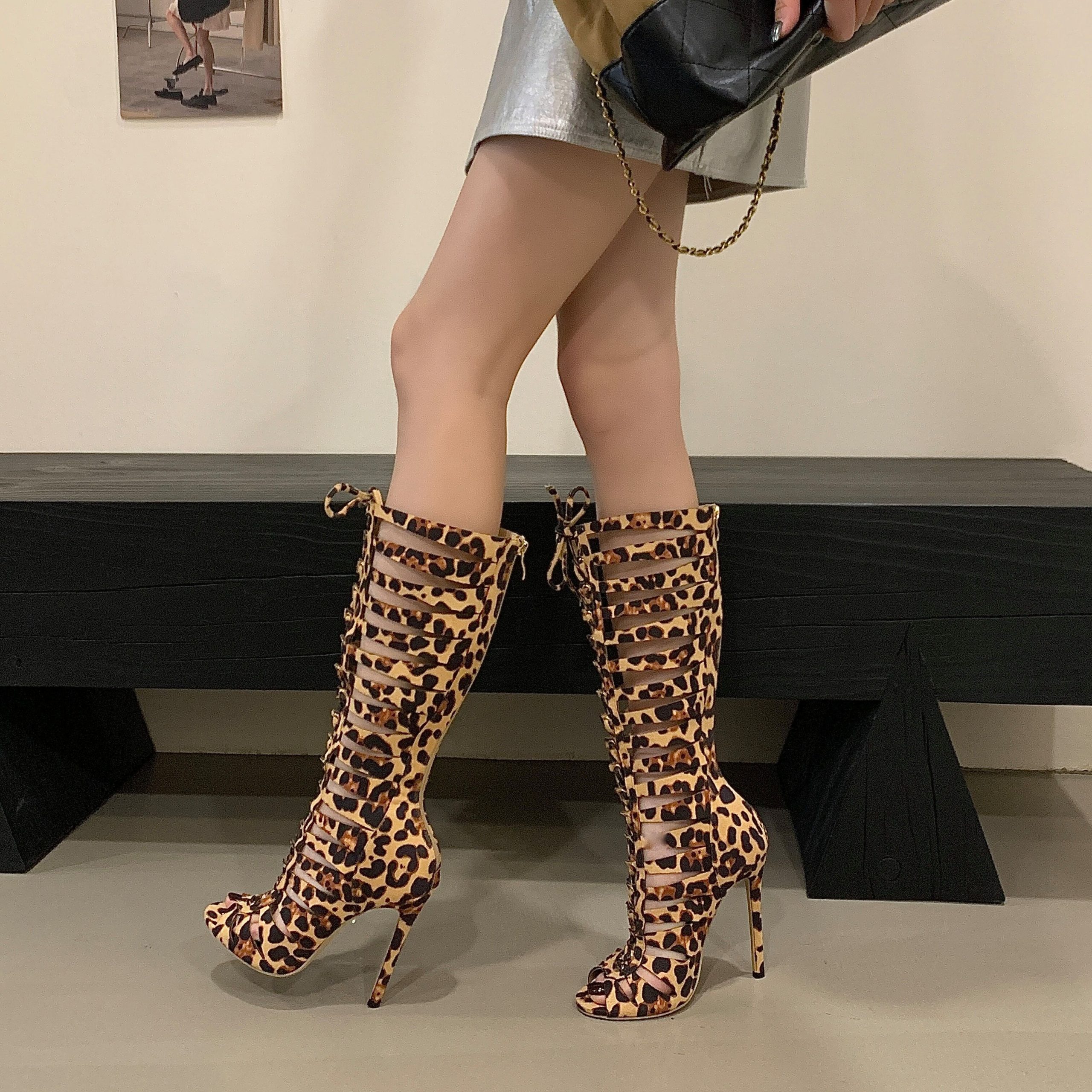2025 New Style Fashion Street Style Leopard Laser Lace-up High Heel Over-knee Boots - Image 5