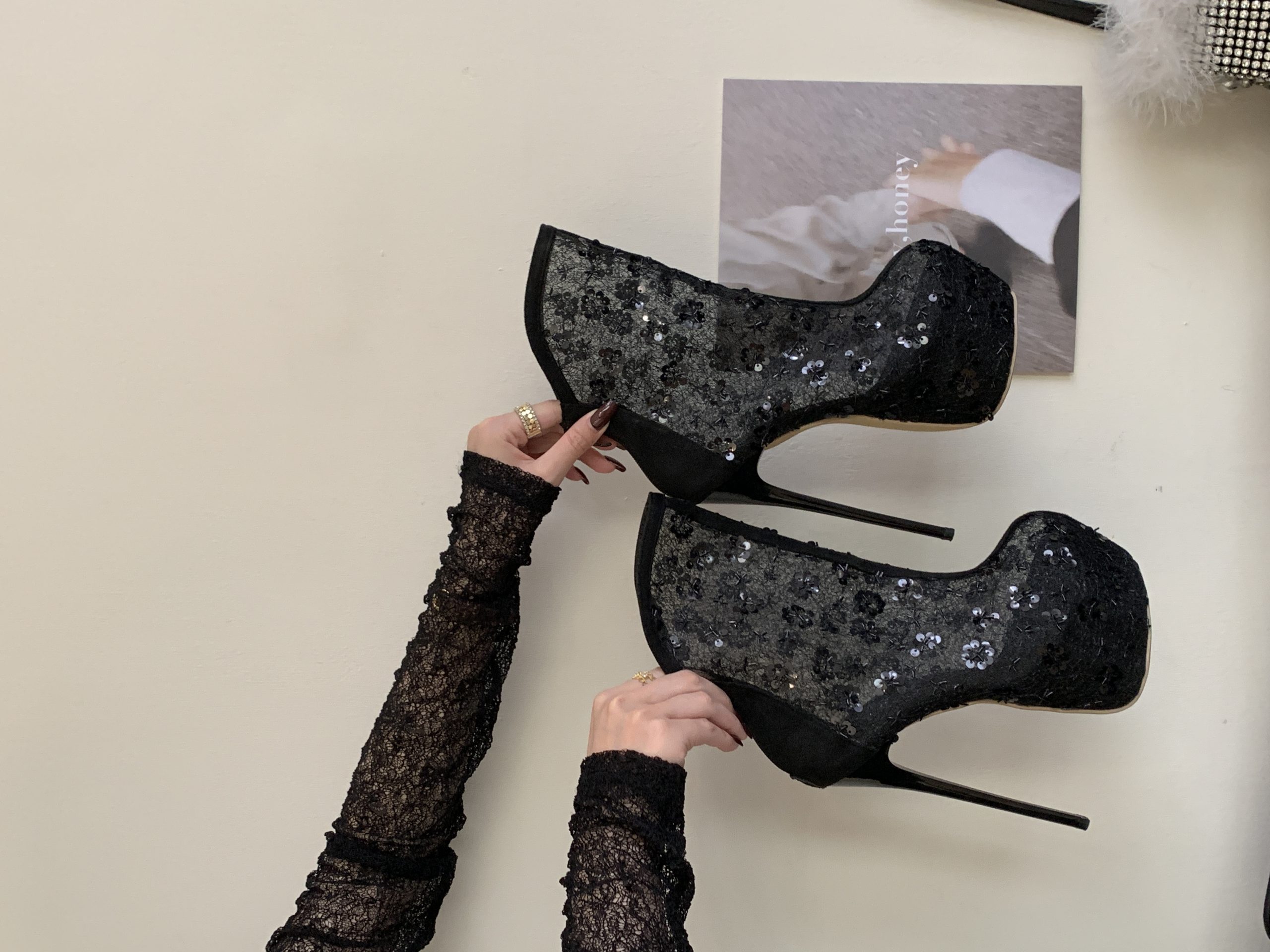 2025 New Style Sexy Black Transparent Sequined Platform 17cm High Heel Boots