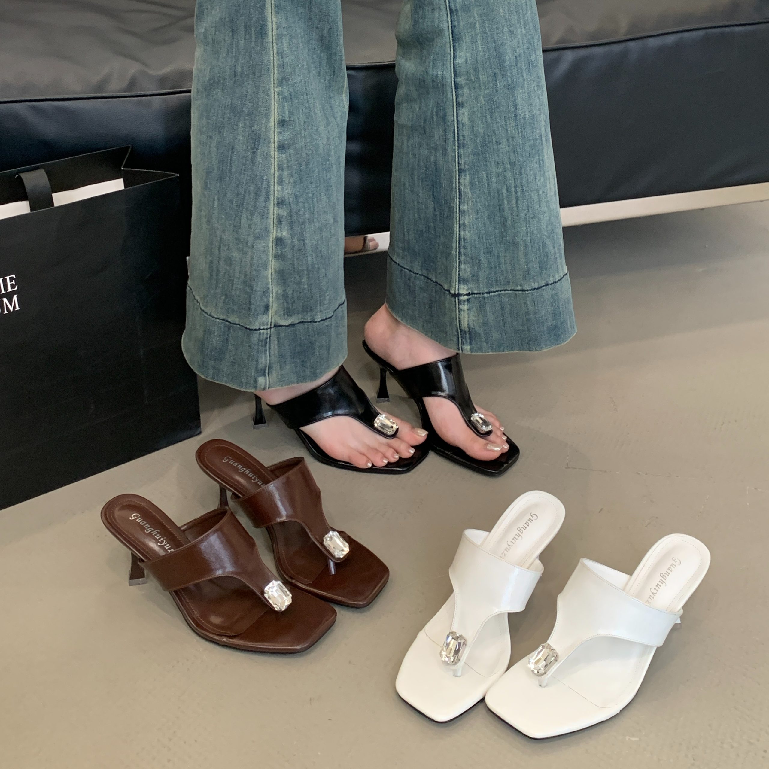 2026 New Light Luxury Rhinestone Toe Thong Sandals Square Toe Open Toe Thin Heel High Heel Slippers Women Summer Outdoor