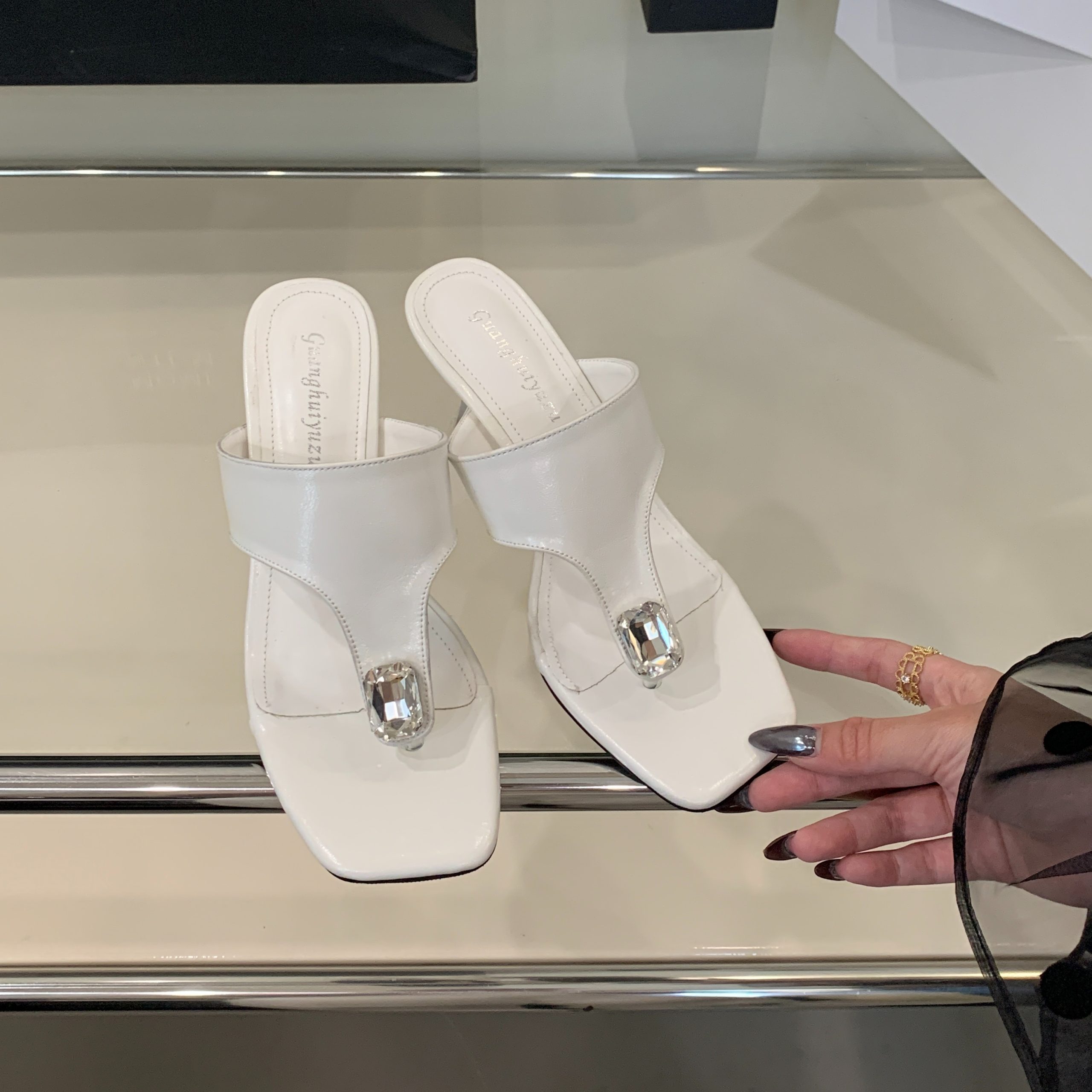 2026 New Light Luxury Rhinestone Toe Thong Sandals Square Toe Open Toe Thin Heel High Heel Slippers Women Summer Outdoor - Image 5