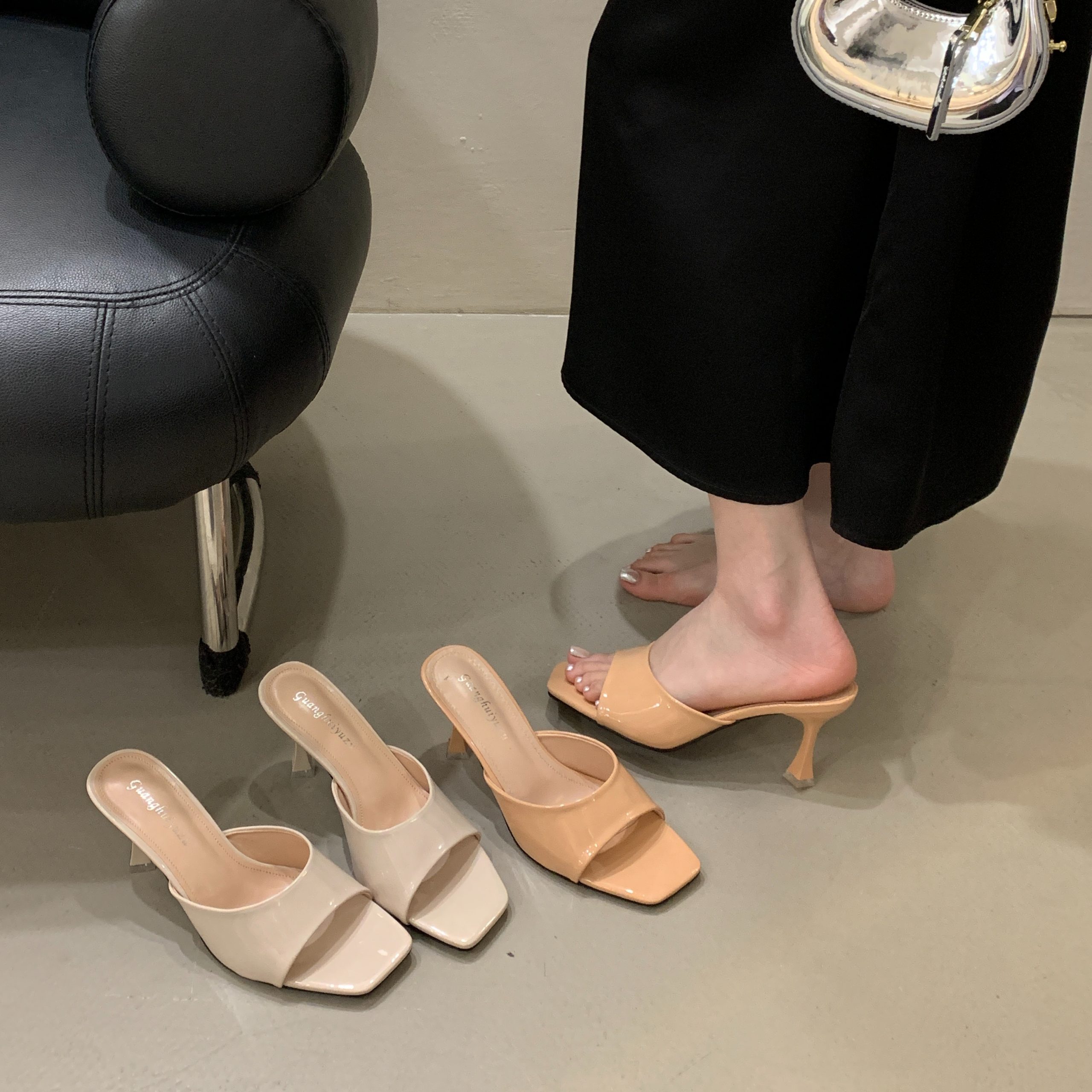 2026 Summer New Beige High Heel Sandals Women Elegant Thin Heel Square Toe Open Toe Sexy Slingback Slippers