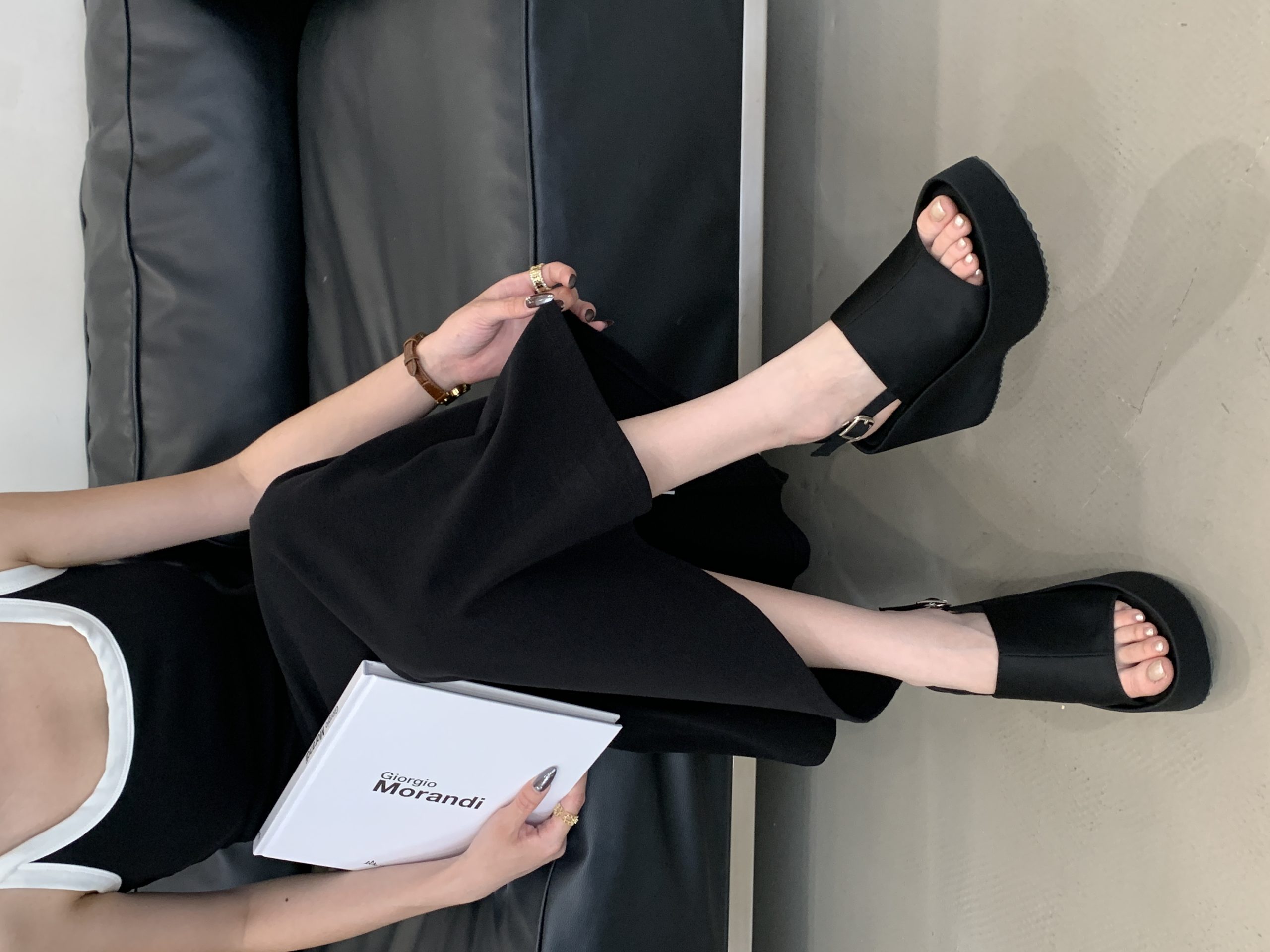 BUBUFLY 2026 Black Platform Wedge Sandals for Women European Style One-Strap Comfortable High Heels