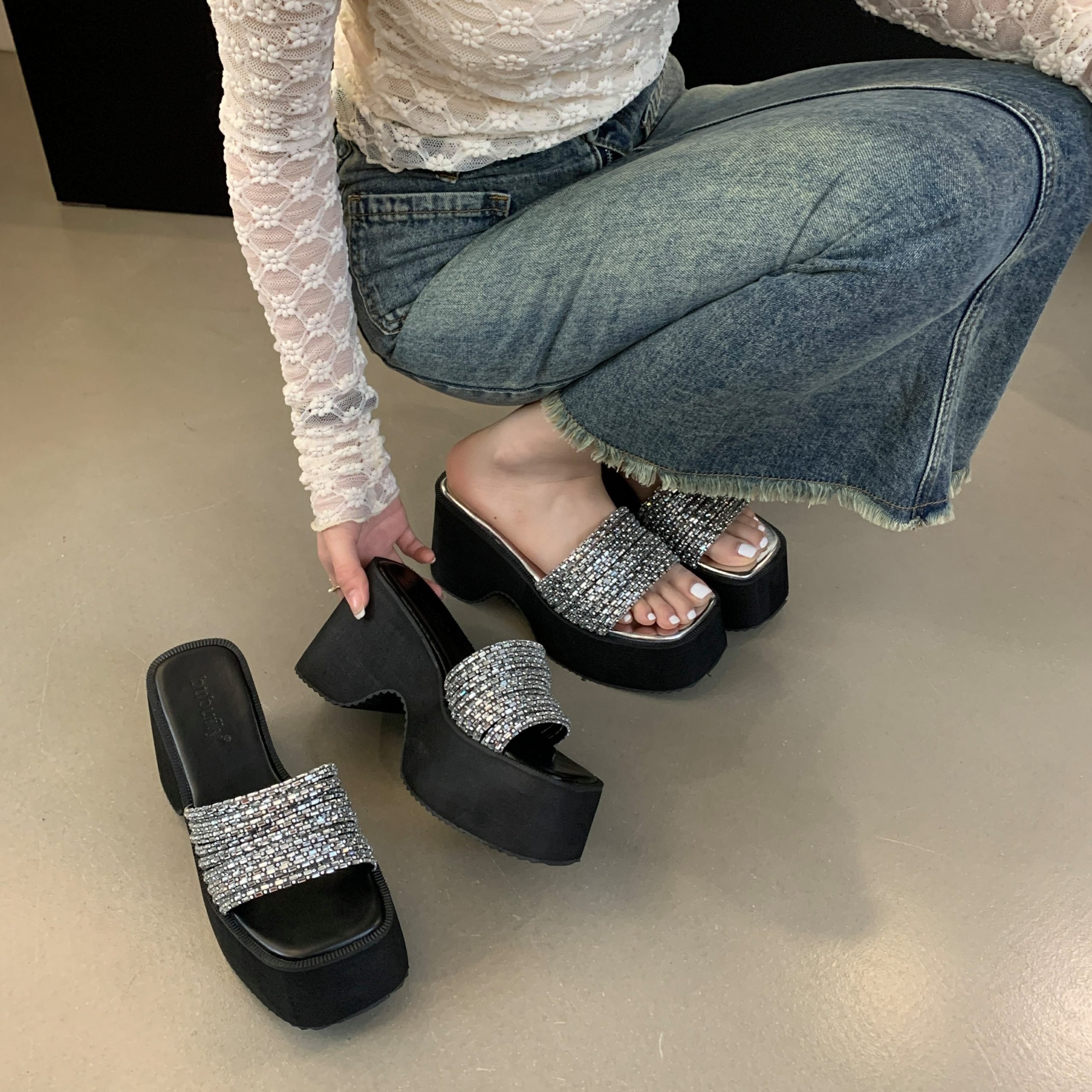 BUBUFLY 2026 New Women's Rhinestone High Heel Slide Sandals Summer Spring