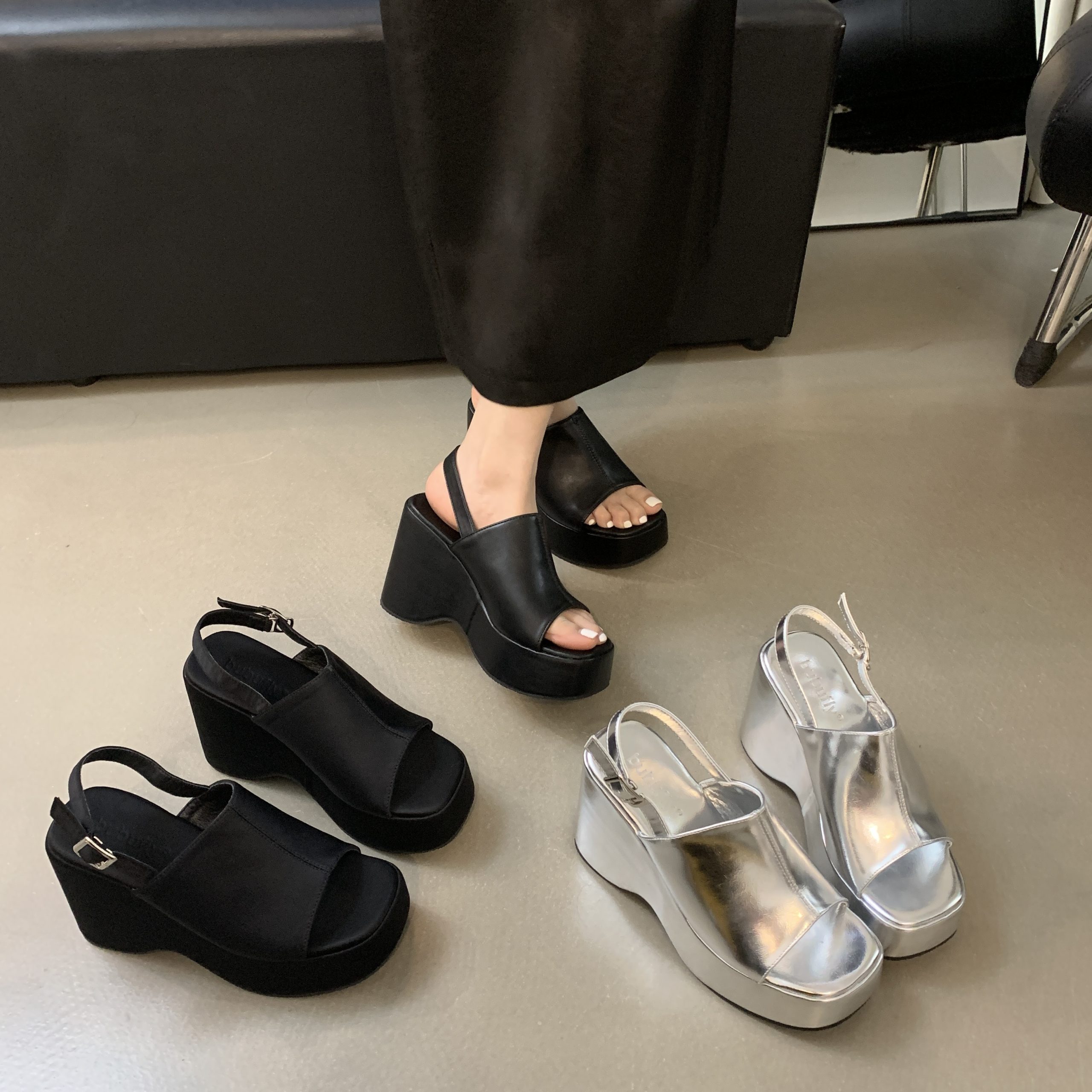 BUBUFLY Women's Platform Wedge Sandals Black Silver Strappy Slip-On High Heels
