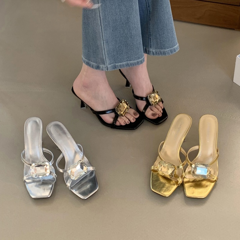 Crystal Open Toe Slippers Women 2026 Summer New Sexy Square Toe Chunky Heel High Heels