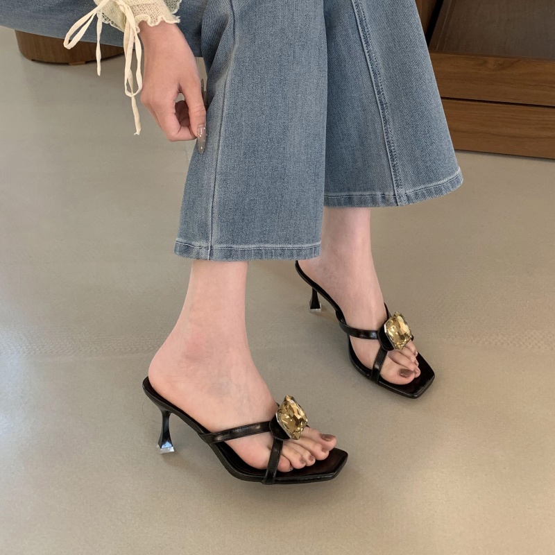 Crystal Open Toe Slippers Women 2026 Summer New Sexy Square Toe Chunky Heel High Heels - Image 2