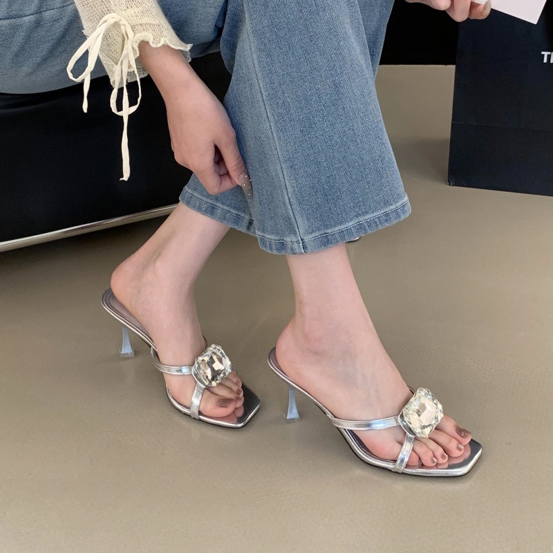 Crystal Open Toe Slippers Women 2026 Summer New Sexy Square Toe Chunky Heel High Heels - Image 4