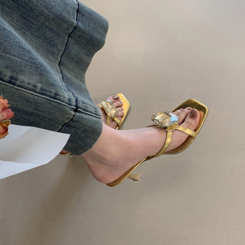 Crystal Open Toe Slippers Women 2026 Summer New Sexy Square Toe Chunky Heel High Heels - Image 5