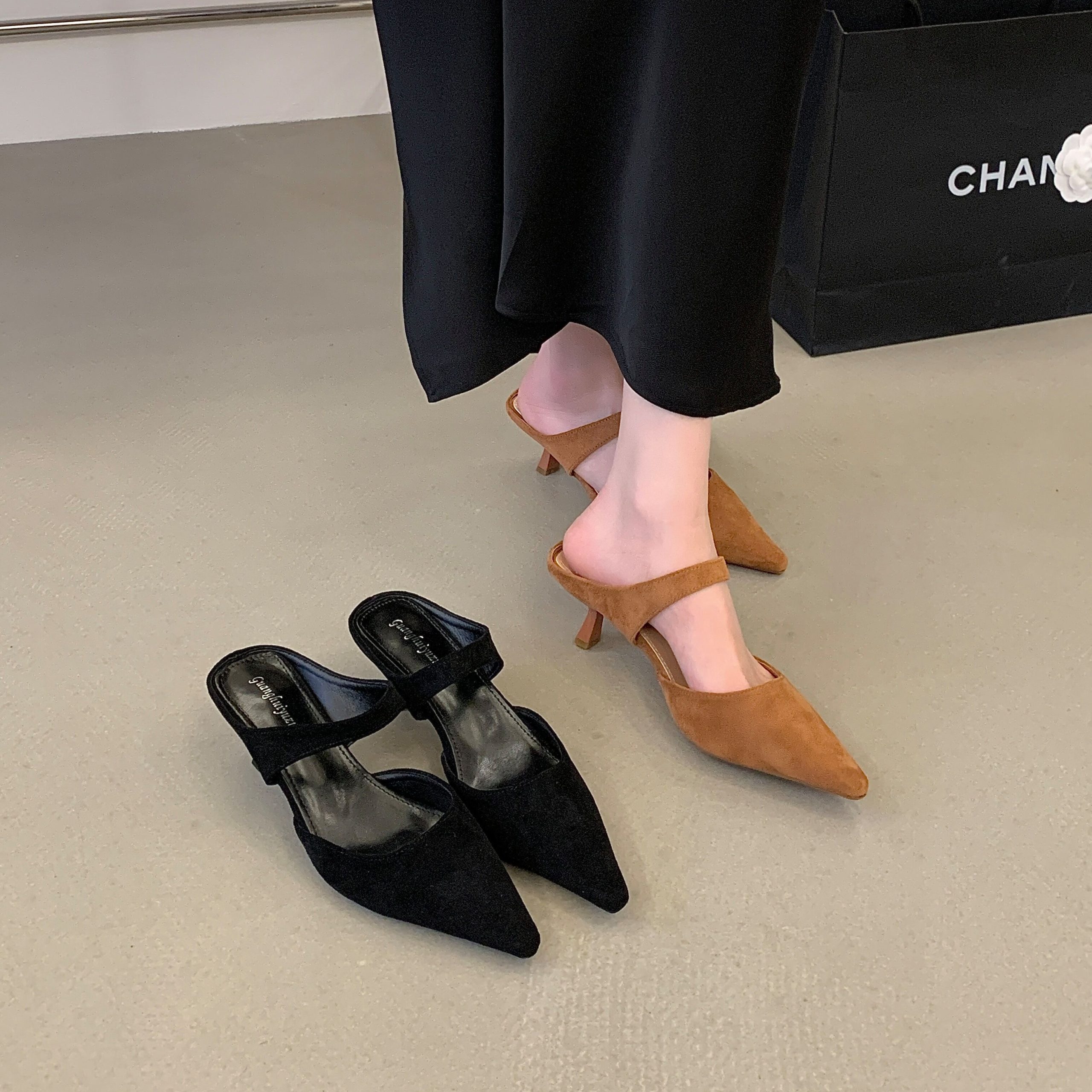 French Retro Suede Pointed Toe One-Strap Slipper Heels for Women