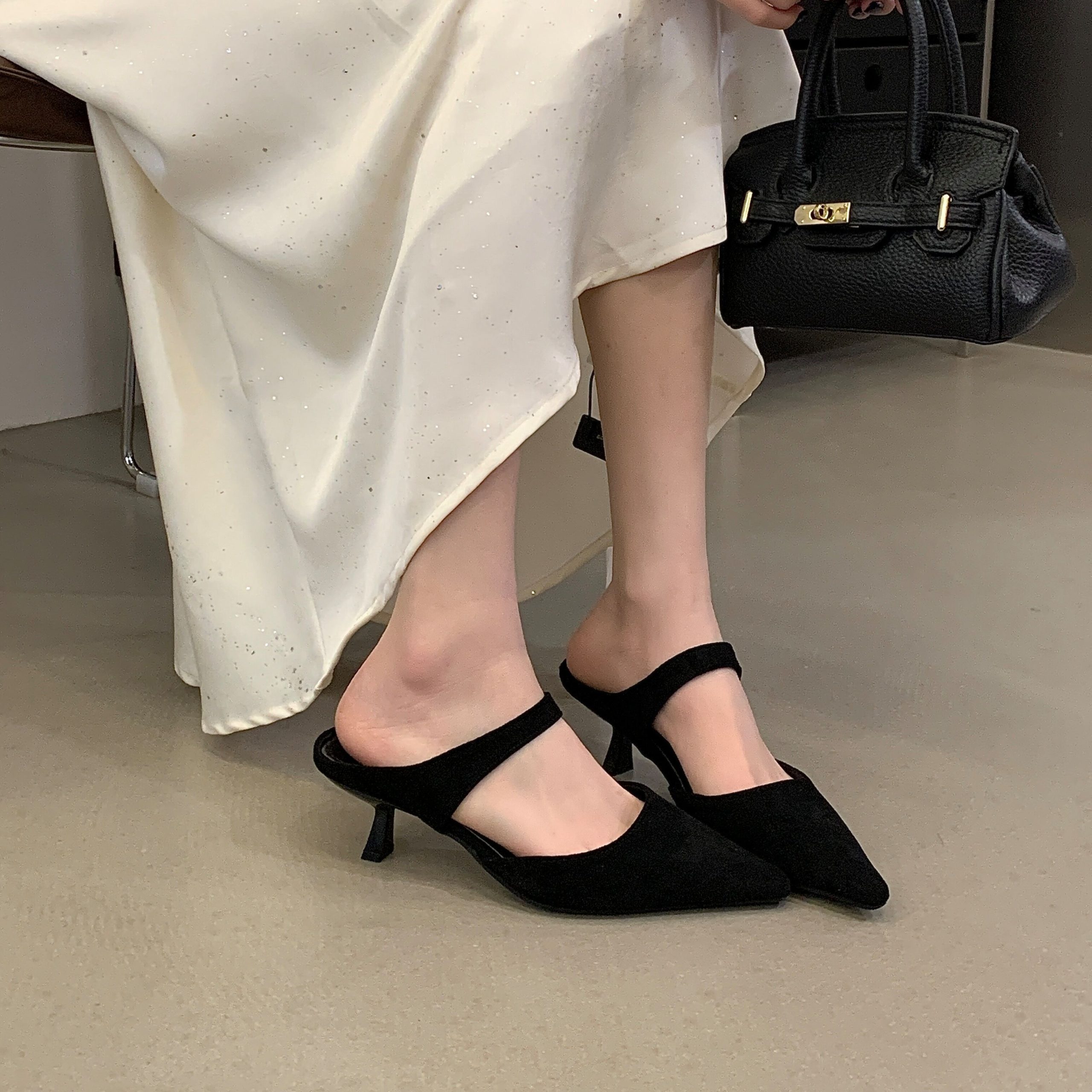 French Retro Suede Pointed Toe One-Strap Slipper Heels for Women - Image 2