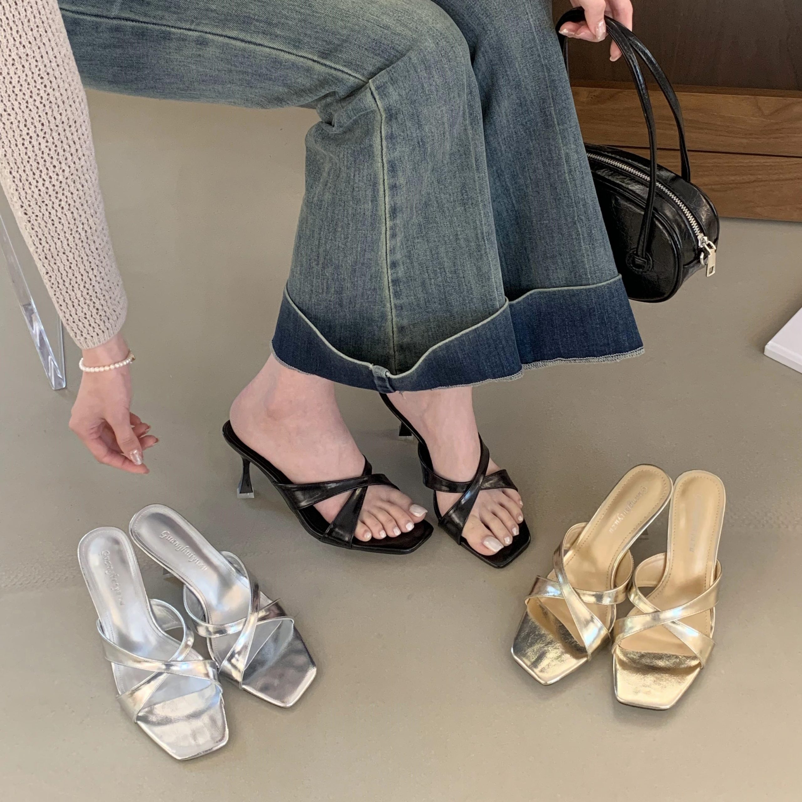 Minimalist Cross Strap Square Toe High Heel Sandals French Style Slippers for Women Summer 2026 New