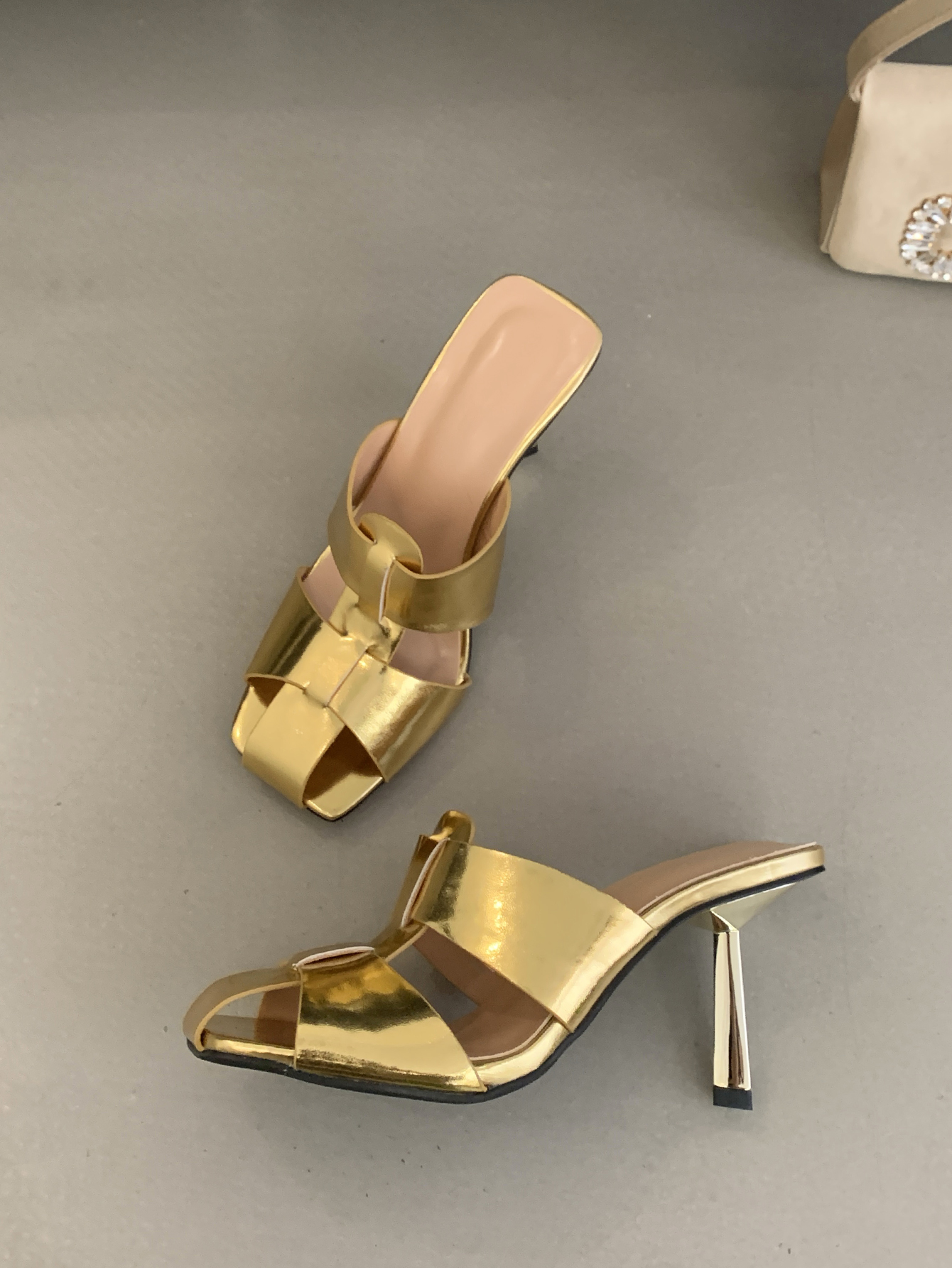 Niche French Style New Summer Gold Square Toe Thin Heel Slippers Women's Mules Half Slippers - Image 2