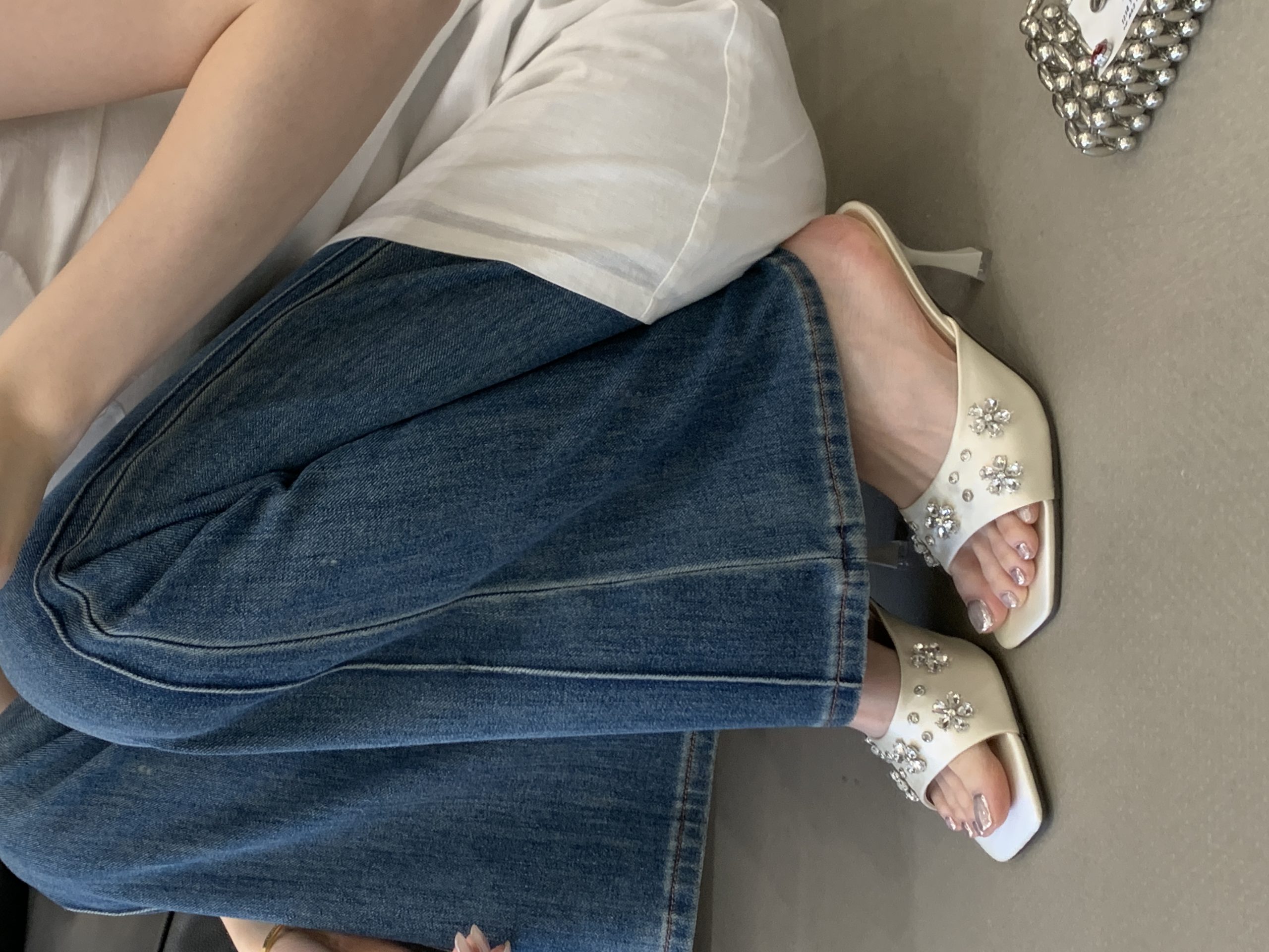 Petal Rhinestone Satin Kitten Heel Slippers Women Outdoor 2026 Summer New Celebrity Square Toe Thin High Heels - Image 3
