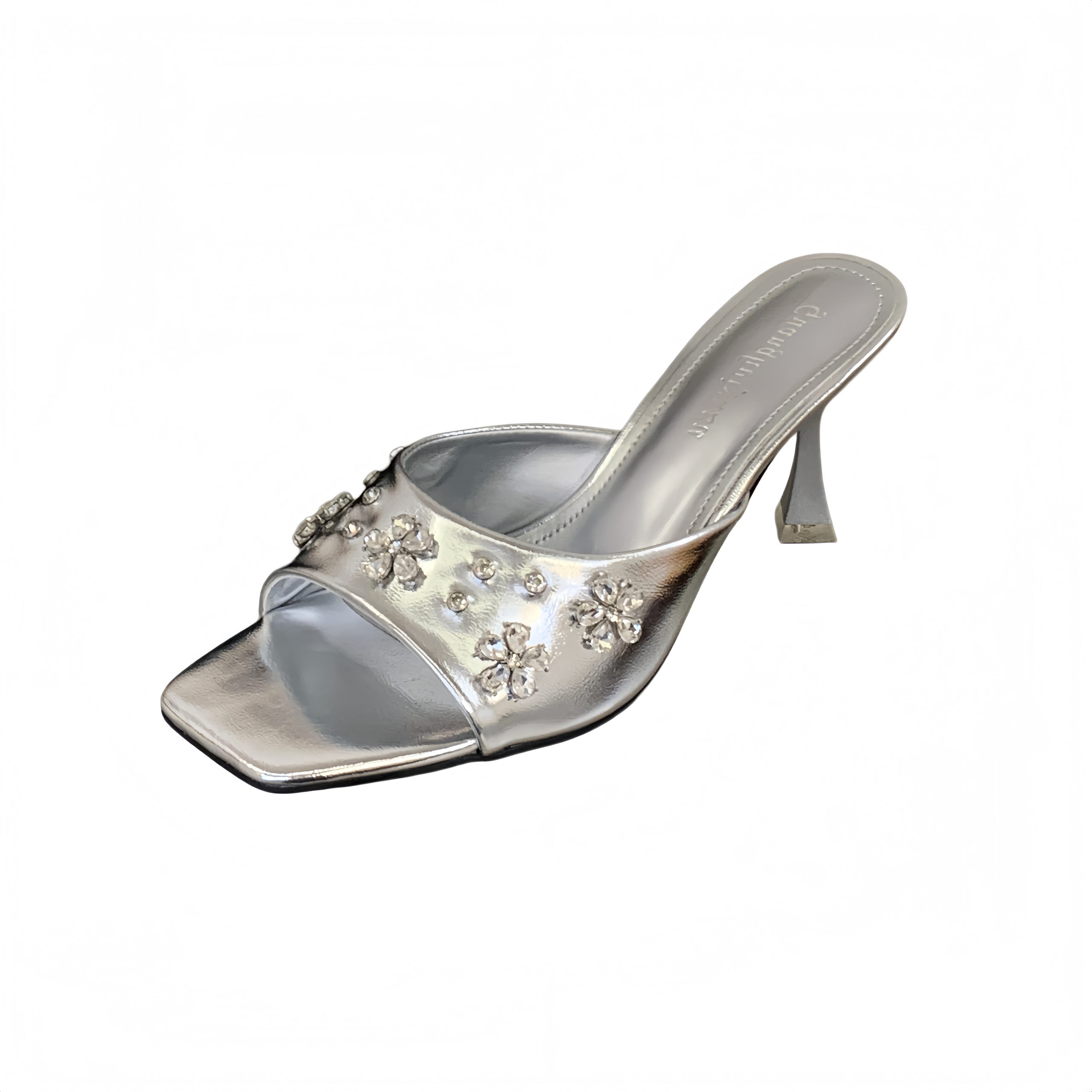 Petal Rhinestone Satin Kitten Heel Slippers Women Outdoor 2026 Summer New Celebrity Square Toe Thin High Heels - Image 5